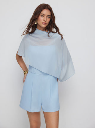 High Neck Asymmetrical Cloak Sleeve Poncho Top & Mid Rise Romper Set