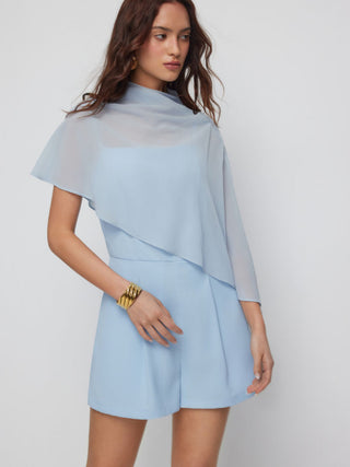 High Neck Asymmetrical Cloak Sleeve Poncho Top & Mid Rise Romper Set