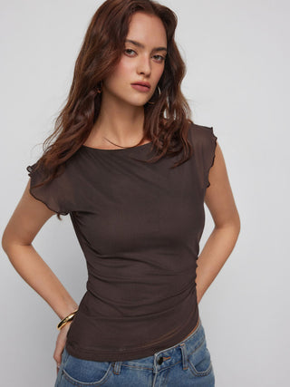 Mesh Boat Neck Lettuce Trim Ruched Top