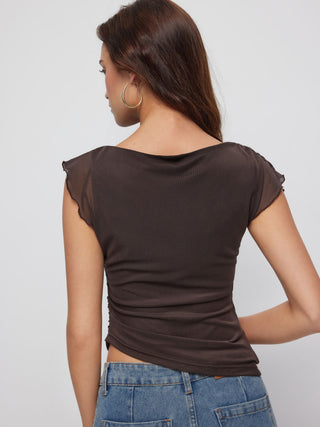 Mesh Boat Neck Lettuce Trim Ruched Top