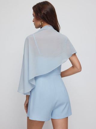 High Neck Asymmetrical Cloak Sleeve Poncho Top & Mid Rise Romper Set