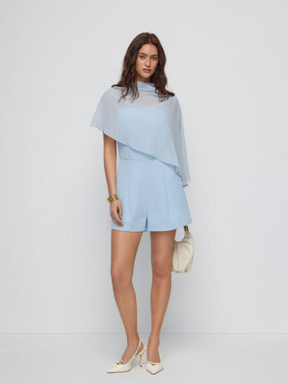 High Neck Asymmetrical Cloak Sleeve Poncho Top & Mid Rise Romper Set
