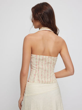 Cotton Floral Graphic Halter Neck Lace Trim Shirred Cami Blouse