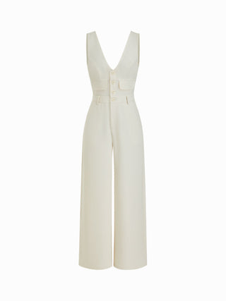 V-neck Button Front High Rise Straight Leg Jumpsuit