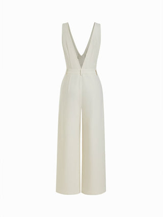 V-neck Button Front High Rise Straight Leg Jumpsuit
