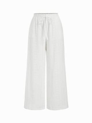 Cotton-blend Mid Rise Embroidery Drawstring Straight Leg Trousers