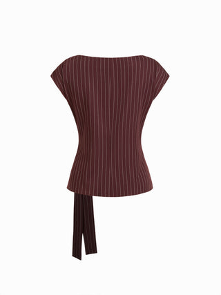 Woven Boat Neck Stripe Knotted Oversized Top For Work