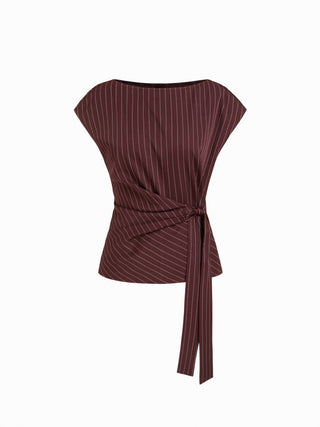 Woven Boat Neck Stripe Knotted Oversized Top For Work