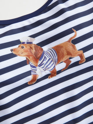 Striped Dog Graphic Scoop Neck 3 Piece Bikini Set With Ruffle Skirt