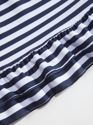 Striped Dog Graphic Scoop Neck 3 Piece Bikini Set With Ruffle Skirt