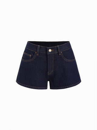 Denim Mid Rise Washed Metal Detail Riding Shorts