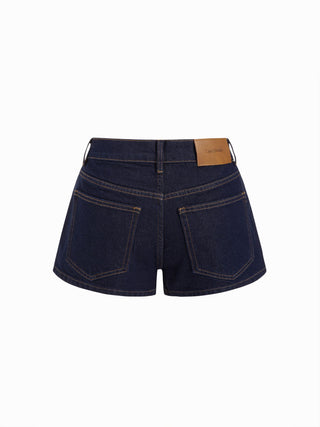 Denim Mid Rise Washed Metal Detail Riding Shorts