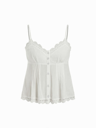V-neck Lace Trim Button Front Textured Cami Blouse