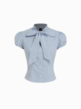 Woven Cotton-blend Gingham Puff Sleeve Bowknot Crop Blouse For School Daily Casual