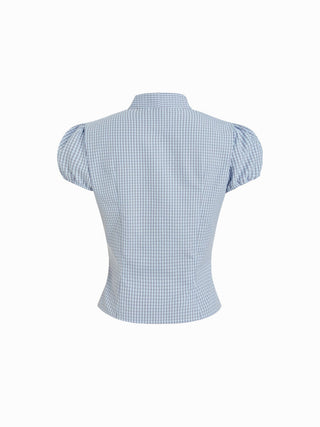 Woven Cotton-blend Gingham Puff Sleeve Bowknot Crop Blouse For School Daily Casual