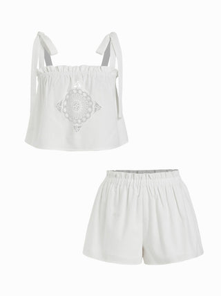 Linen-blend Floral Applique Tie Strap Cami Top & Mid Rise Shorts Set