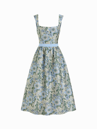 Jacquard Jacquard Sculptural Floral Square Neck Lace Up Flared Midi Dress For Date Wedding