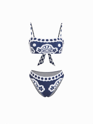 Square Neck Shell Graphic Low Rise Bracelet Cheeky Bikini Set