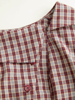 Cotton Plaid Asymmetrical Neckline Short Sleeve Blouse