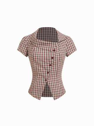 Cotton Plaid Asymmetrical Neckline Short Sleeve Blouse