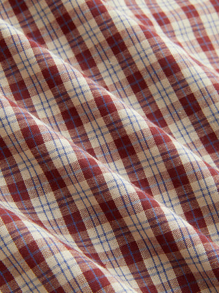 Cotton Plaid Asymmetrical Neckline Short Sleeve Blouse