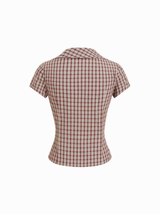 Cotton Plaid Asymmetrical Neckline Short Sleeve Blouse