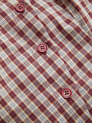 Cotton Plaid Asymmetrical Neckline Short Sleeve Blouse