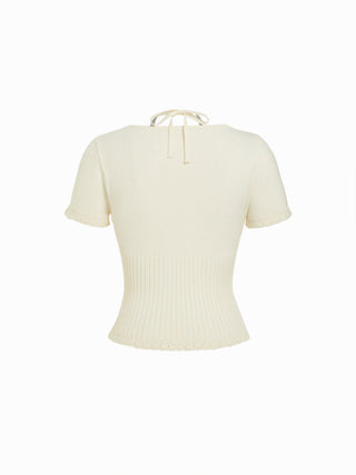 Knit Fabric Knit Floral U-neckline Short Sleeve Embroidery Bowknot Top For Daily Casual