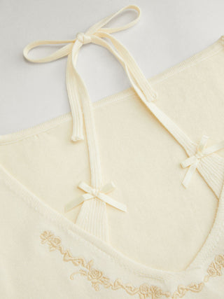 Knit Fabric Knit Floral U-neckline Short Sleeve Embroidery Bowknot Top For Daily Casual