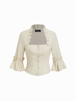 Linen Tops Summer Tops Summer Tops going out tops Cute Summer Top Floral Linen-blend Linen-blend Square Neck Ruched Ruffle Bell Sleeve Blouse For Daily Casual Date