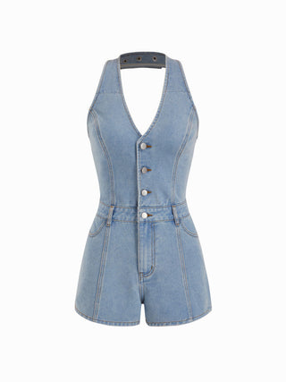 Denim Halter Neckline Washed Metal Detail Mid Rise Romper