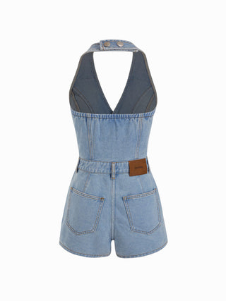 Denim Halter Neckline Washed Metal Detail Mid Rise Romper