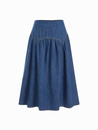 Denim Washed Denim Mid Rise Ruched A-line Maxi Skirt For Daily Casual Vacation