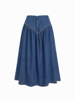 Denim Washed Denim Mid Rise Ruched A-line Maxi Skirt For Daily Casual Vacation
