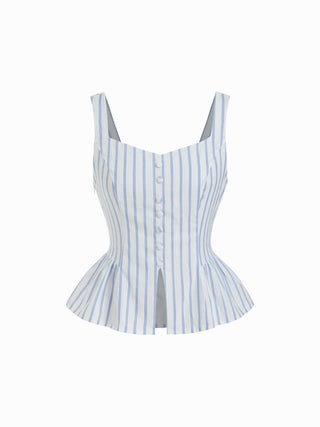 Cotton-blend Stripe V-neck Peplum Tank Blouse