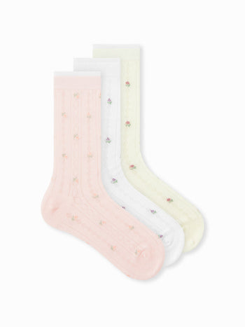 Combed Cotton 3 PAIRS FLORAL CREW SOCKS For Daily Casual Picnic