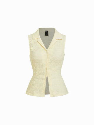 Cotton-blend Textured Notched Collar Tie Back Tank Top