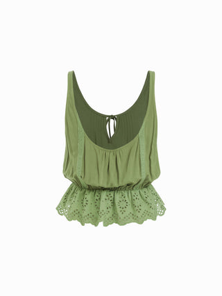 Eyelet Scoop Neck Tie Front Tassel Ruffle Hem Cami Blouse