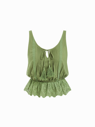 Eyelet Scoop Neck Tie Front Tassel Ruffle Hem Cami Blouse
