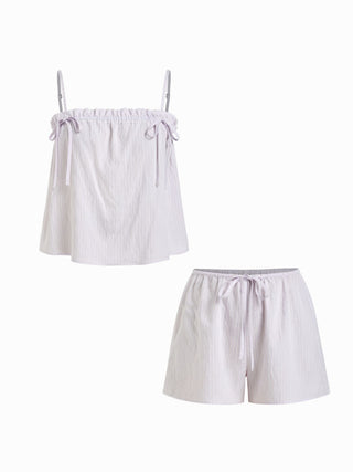 Linen-blend Stripe Bowknot Cami Top & Low Rise Shorts Set
