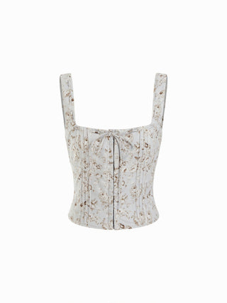 Cotton Floral Square Neck Tie Front Corset Tank Blouse