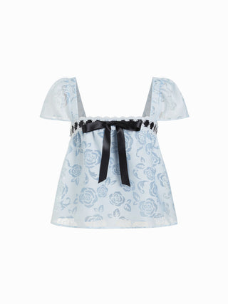 Woven Textured Floral Square Neck Puff Sleeve Bowknot Lace Trim Blouse For Daily Casual Date