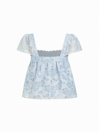 Woven Textured Floral Square Neck Puff Sleeve Bowknot Lace Trim Blouse For Daily Casual Date