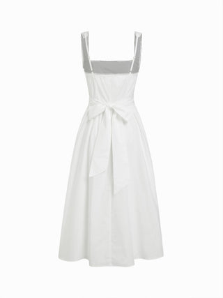 Cotton-blend Square Neck Lace Trim Bowknot Flared Maxi Cami Dress
