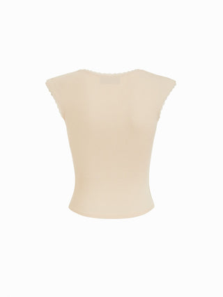 Cotton Cotton-blend Square Neck Short Sleeve Lace Trim Bowknot Tee For School Daily Casual