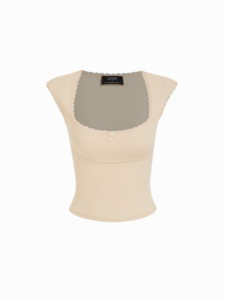 Cotton Cotton-blend Square Neck Short Sleeve Lace Trim Bowknot Tee For School Daily Casual