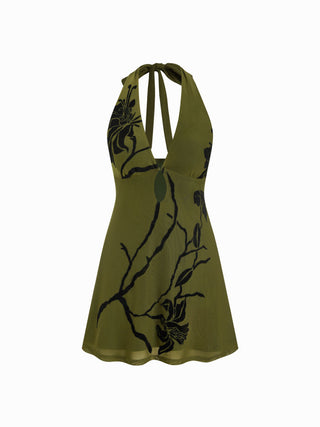 Jacquard Floral V-neck Cut Out A-line Mini Dress