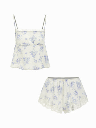 Satin Satin Floral Lace Trim Cami Top & Mid Rise Shorts Loungewear Set For Home Bedroom