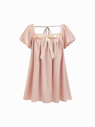 Satin Satin Square Neck Puff Sleeve Bowknot Babydoll Mini Dress For Daily Casual Date