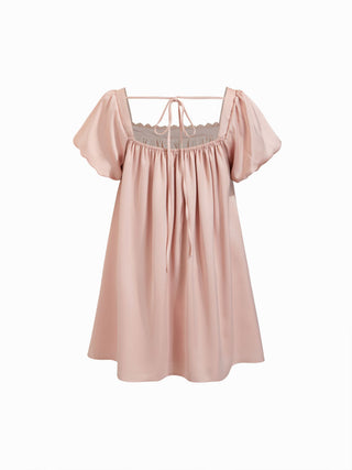 Satin Satin Square Neck Puff Sleeve Bowknot Babydoll Mini Dress For Daily Casual Date